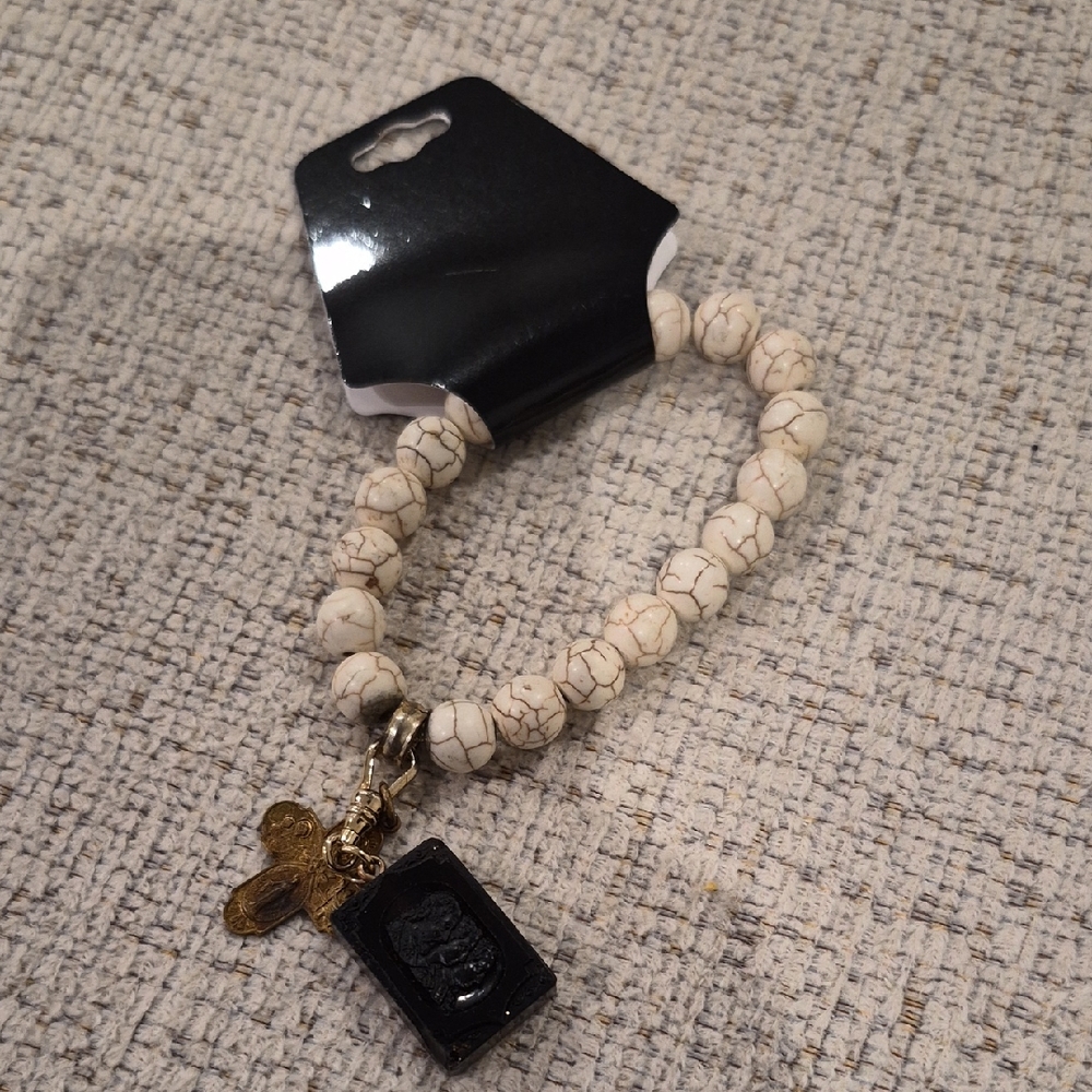 White Beaded Rosary Bracelet with Charms NEW
